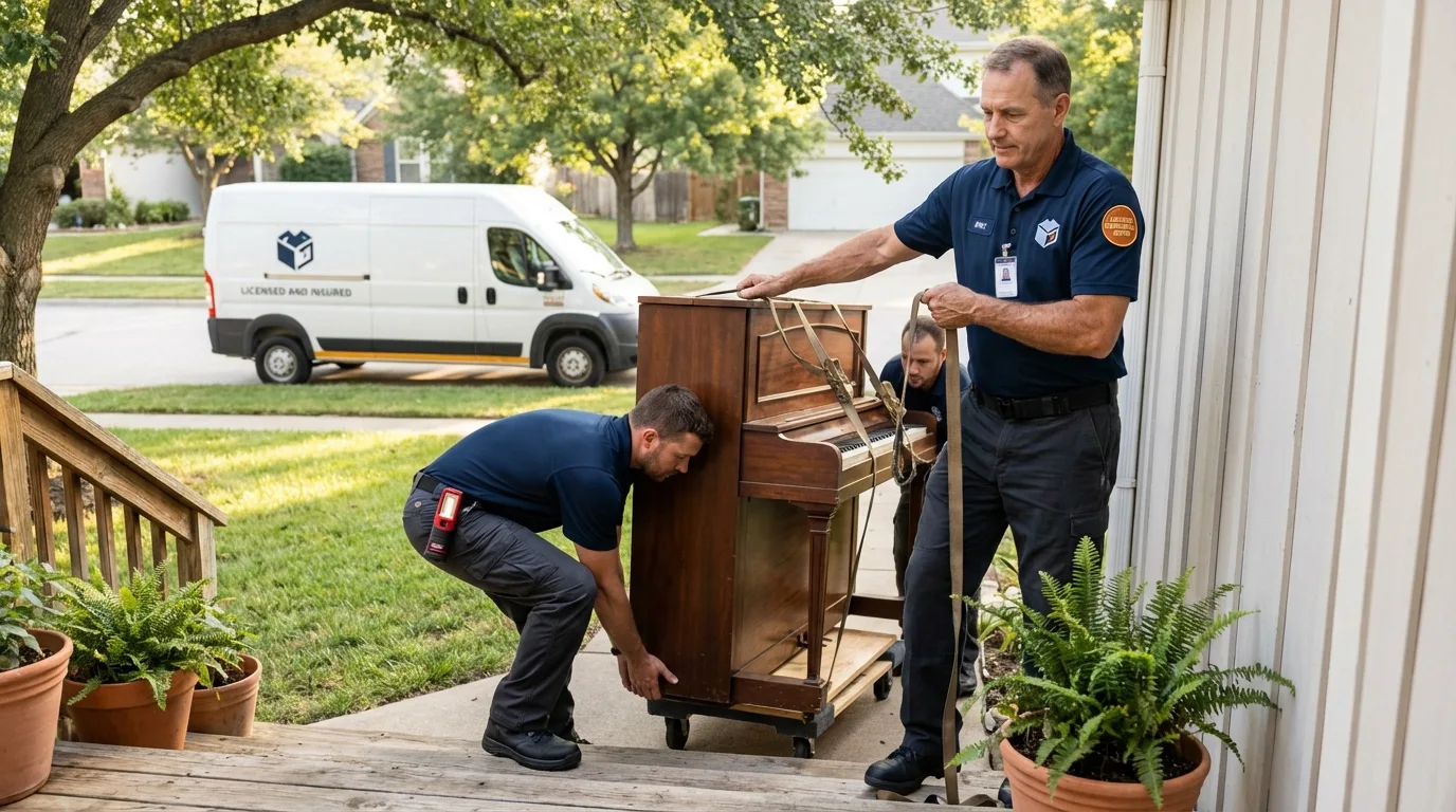 Licensed piano movers securing grand piano in Brandon, FL